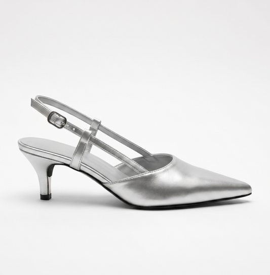 CLASICA SILVER SLING-BACK KITTEN HEELS