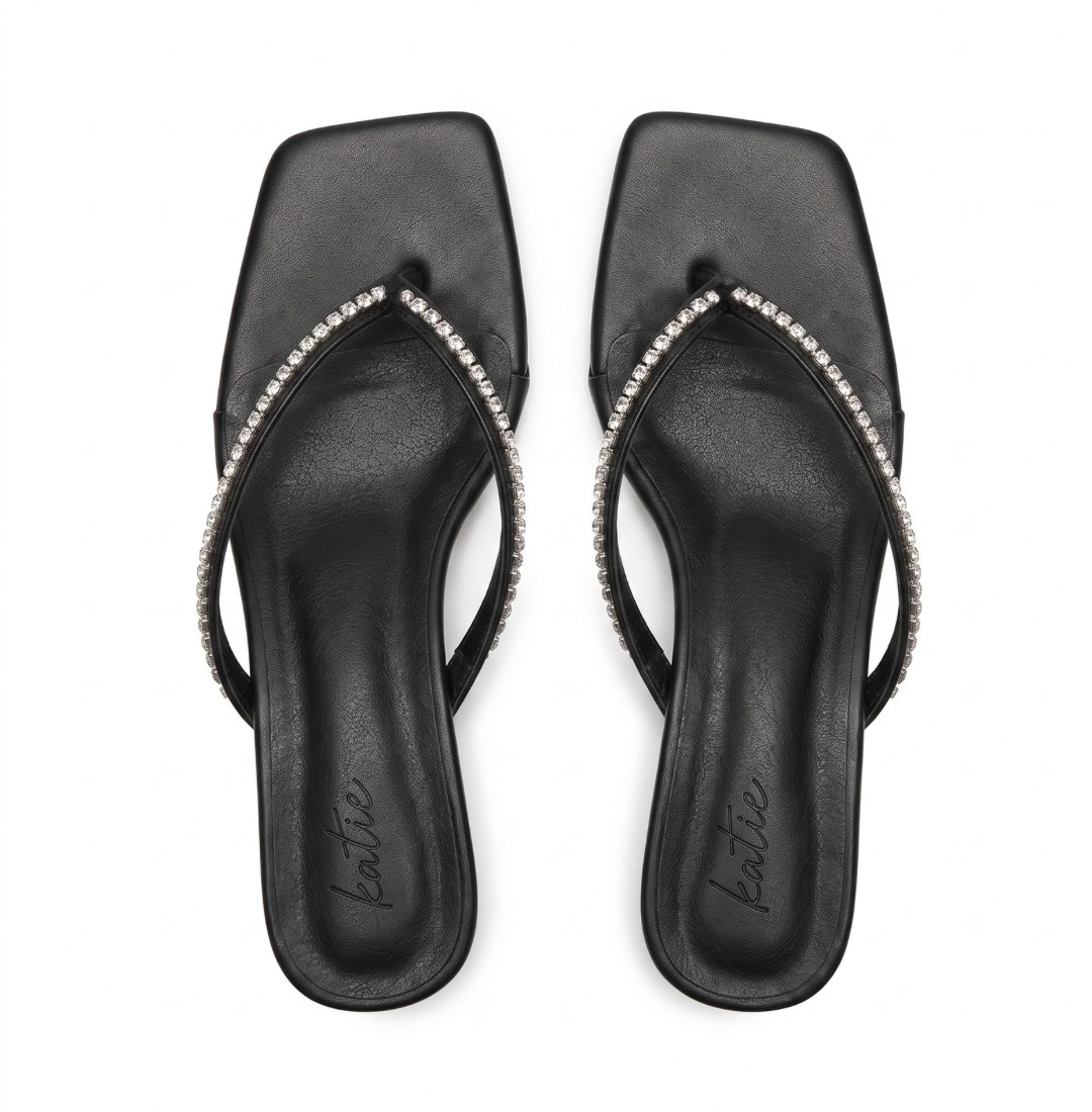 CATENA BLACK CRYSTALS THONG KITTEN SANDALS
