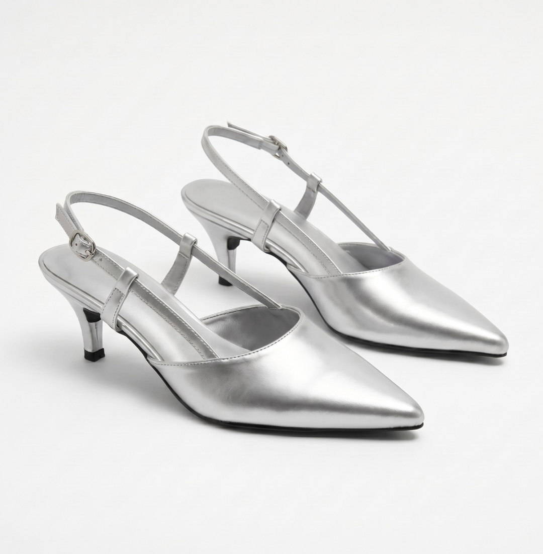 CLASICA SILVER SLING-BACK KITTEN HEELS