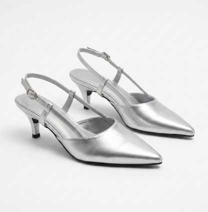 CLASICA SILVER SLING-BACK KITTEN HEELS