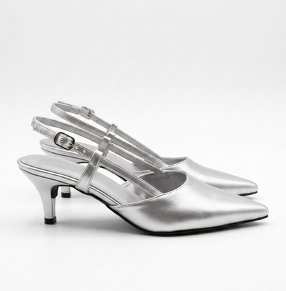 CLASICA SILVER SLING-BACK KITTEN HEELS